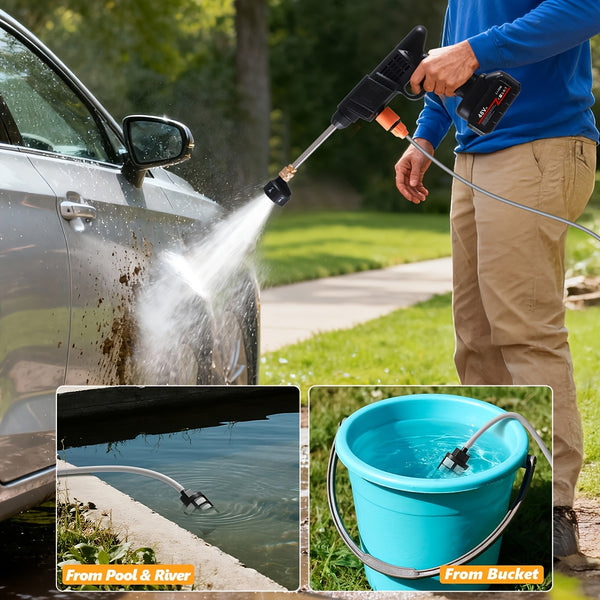 1500W Portable Cordless High Pressure Electric Car Wash - Equipped with 6-In-1 Nozzle, Handheld Car Wash Gun, for Car Wash/Home/Floor/Garden Cleaning, Includes 2 X 6000Mah Batteries