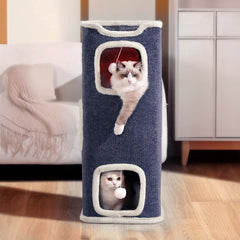 Large Cat Bed Cat House Cave & Tower Foldable Indoor 1/2/3 Layer with Hanging Toy Ball for Small Medium Pets, Large Cats Cube Bed Cave with Hideaway Condos