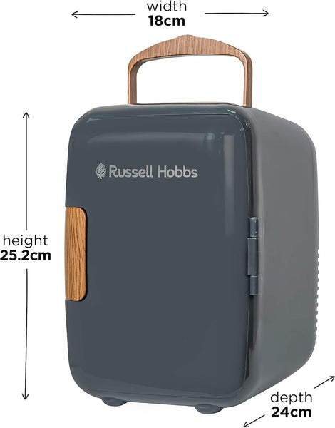 Russell Hobbs RH4CLR1001SCG 4L/6 Can Mini Portable Cooler & Warmer for Drinks, Cosmetics/Makeup/Skincare, AC/DC Power, Scandi Style, Grey & Wood Effect, for Bedroom, Home, Caravan, Car