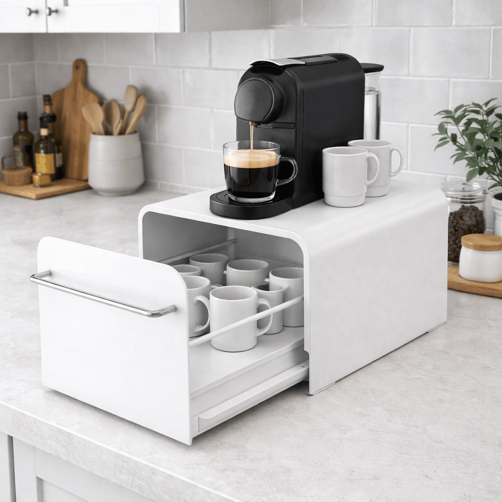 Coffee Machine Stand with Storage Drawer Metal Countertop Organiser Box for Cups and Coffee Accessories, Kitchen Worktop Space-Saving Rack