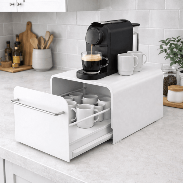 Coffee Machine Stand with Storage Drawer Metal Countertop Organiser Box for Cups and Coffee Accessories, Kitchen Worktop Space-Saving Rack