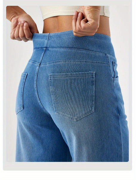 ' High Waisted Wide Jeans - Stretchy Pants with Multiple Pockets, -Washed - Casual Trousers for Jeanswear & Layering (Wide-Waisted Fit)