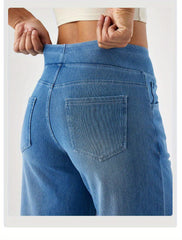 ' High Waisted Wide Jeans - Stretchy Pants with Multiple Pockets, -Washed - Casual Trousers for Jeanswear & Layering (Wide-Waisted Fit)