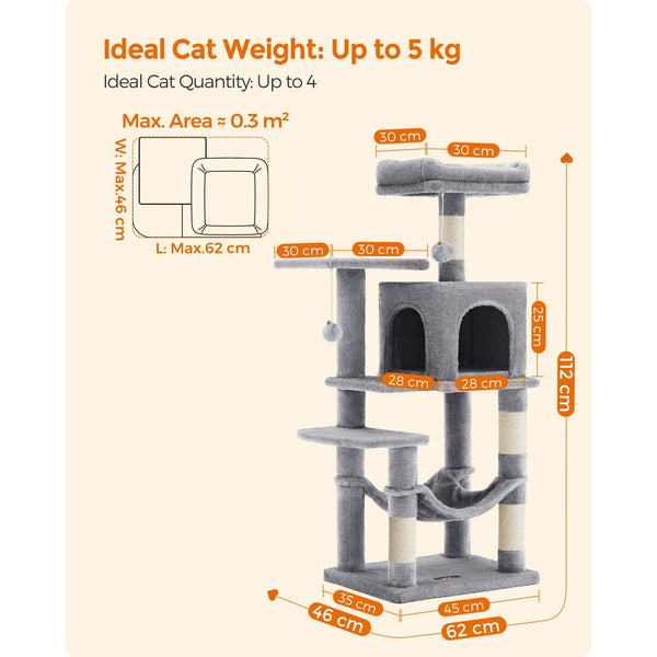 112 cm Cat Tree, Multi-Level Soft Plush Cat Tree, Cat Tower Condo with 4 Cat Scratching Posts, Hammock, Cave, Platform, Toys, Pink/White/Beige/Grey, Easy Assembly and Sturdy, Indoor Cat Furniture