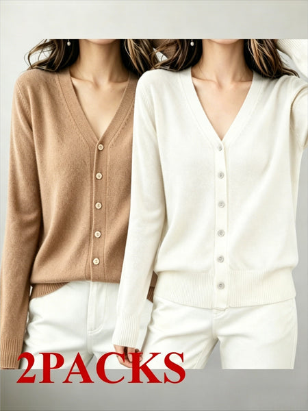 2pcs (2-Pack) Women's Soft Cardigan Sweater - V-Neck Button Button-Front Closure, -Line Regular Fit Button Collar Sweaters Suitable for Daily Wear, Spring/Summer Blouses for Office, Casual & Layering