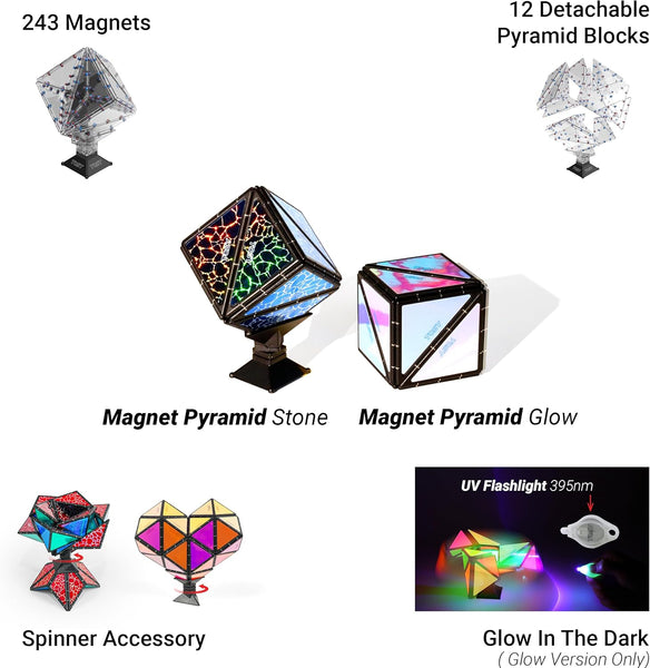 TOSY Magnet Pyramid Stone - 1 Cube Transforms into 1 Billion Shapes, 12 Pieces, 243 Magnets, Christmas Stocking Stuffers Gift for Kids, Holographic Design, Creative Puzzle STEM Toy