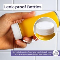 Shot Bottles with Lids - Reusable Glass Shot Bottles with Lids, Funnel, Labels, Shrink Wrap, Cleaning Brush and Extra Foam Insert - Portable and Leakproof