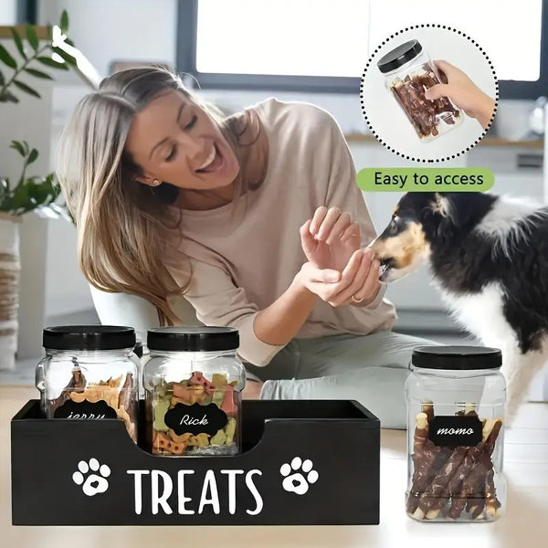 5-in-1 Wooden Pet Food Storage + 3 Plastic Jars + 1 Sticker – Uncharged Container for Dog & Cat Food Storage – Durable Wood Material Farmhouse Style Organizer for Pet Treats