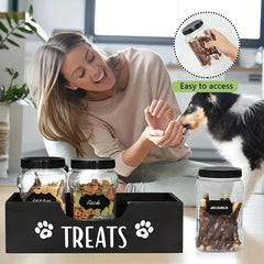 5-in-1 Wooden Pet Food Storage + 3 Plastic Jars + 1 Sticker – Uncharged Container for Dog & Cat Food Storage – Durable Wood Material Farmhouse Style Organizer for Pet Treats