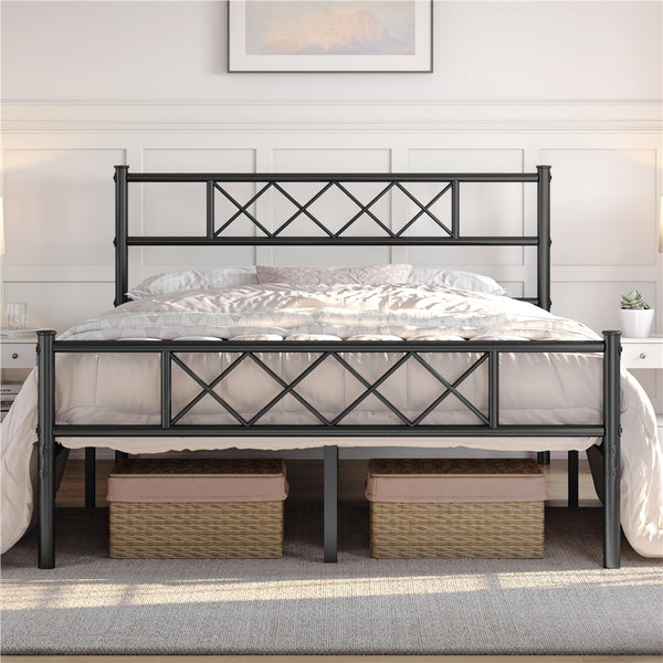 Costoffs Bed Frame, Simple Metal Bed Frame, Metal-Framed Bed Base with Storage, Bed Foundation for Small Space, Easy Assembly Bed Foundation with Cross-design Headboard and Footboard for Bedrooms, Single/Double/king, Black/White/Pink