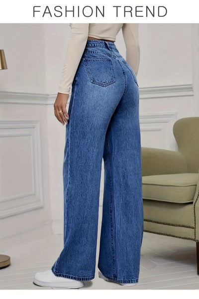 Women'S 2026 Autumn Winter New Stretch Straight-Leg Jeans, High-Waisted Loose Fit Jeans. Washed Blue Denim Trousers with Pockets, Tummy Control Comfort Pants, Elegant Ladies' Outfit, Wide Leg Casual Pants Suitable for Work, Travel And Office Wear