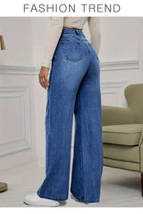 Women'S 2026 Autumn Winter New Stretch Straight-Leg Jeans, High-Waisted Loose Fit Jeans. Washed Blue Denim Trousers with Pockets, Tummy Control Comfort Pants, Elegant Ladies' Outfit, Wide Leg Casual Pants Suitable for Work, Travel And Office Wear