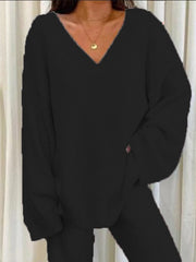 Women'S Winter Cozy Solid Color V-Neck 2pcs Casual Set - Soft Warm Outfits for Home Relaxation, Weekend Streaming & Cozy Friend Gatherings, Lounge Set, Casual Wear, Relaxed Fit, Vneck Design, Breathable Material, Comfortable Fabric, Twopiece Outfit, Women