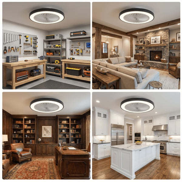 Low Profile Ceiling Fans with Lights, 50.04cm Enclosed Ceiling Fan Flush Mount, 3000K-6000K Smart Bladeless LED Fan Light, White Black Modern Ceiling Fans with Lights for Bedroom Dimmable LED 6 Speeds Reversible Timing