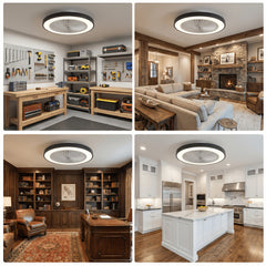 Low Profile Ceiling Fans with Lights, 50.04cm Enclosed Ceiling Fan Flush Mount, 3000K-6000K Smart Bladeless LED Fan Light, White Black Modern Ceiling Fans with Lights for Bedroom Dimmable LED 6 Speeds Reversible Timing