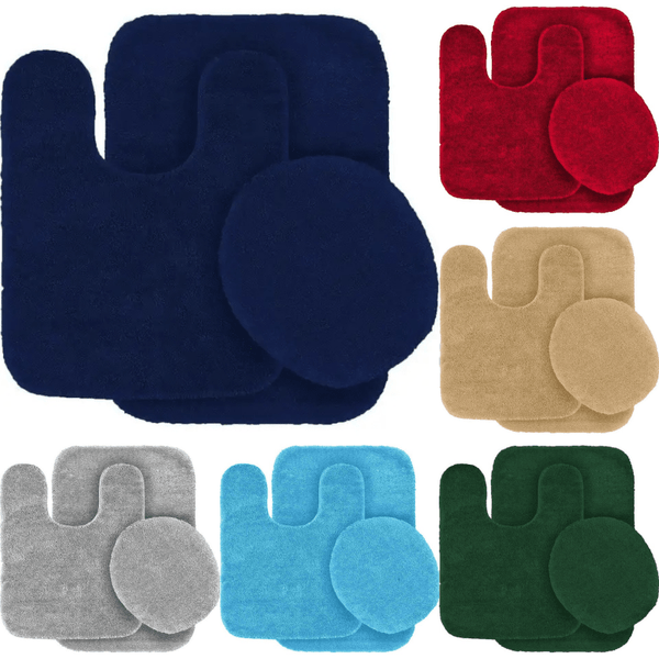 3-Piece Bathroom Rug Set - Plush Water Absorbent Mat, U-Shaped Contour Toilet Mat & Lid Cover for Tub/Shower