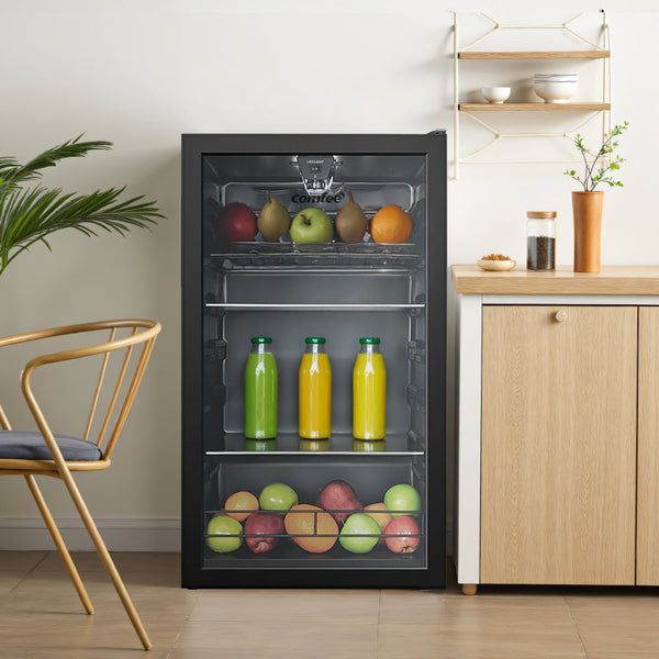 Midea COMFEE' Under Counter Drinks Fridge - 93L Capacity, Holds Up To 115 Cans, Precision Cooling (2℃ To 15℃), Full-Length Low-E Glass Door, Removable Shelves, LED Light, Low Noise [Energy Class E] - Essential for Home Kitchens & Dorms