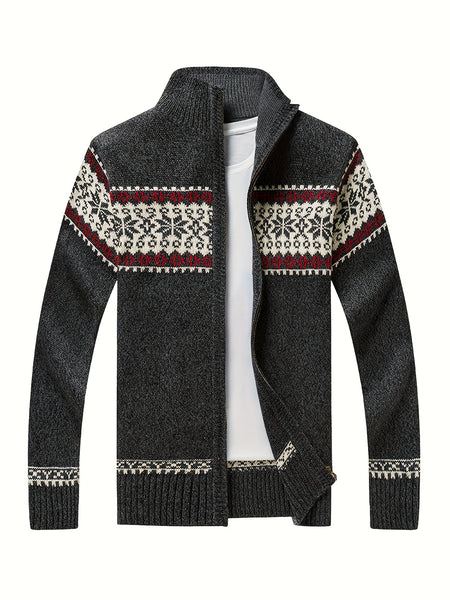 New Autumn And Winter Casual Men'S Knitted Cardigan, Featuring a Thick Ethnic-Style Snowflake Jacquard with a Stand-Up Collar And Zipper. This Stylish Long-Sleeve Sweater Jacket Is Perfect for Men'S Daily Wear in The Fall And Winter