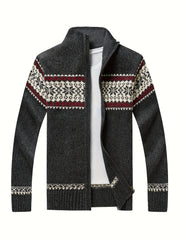 New Autumn And Winter Casual Men'S Knitted Cardigan, Featuring a Thick Ethnic-Style Snowflake Jacquard with a Stand-Up Collar And Zipper. This Stylish Long-Sleeve Sweater Jacket Is Perfect for Men'S Daily Wear in The Fall And Winter