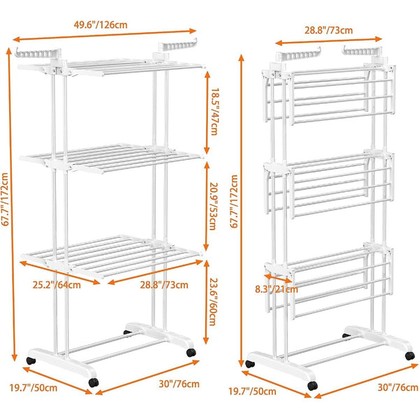 4 Tier Large Clothes Airer with Wings, Retractable Folding Drying Rack with Wheels for Indoor & Outdoor Use, 190 × 64 × 170 cm, Grey