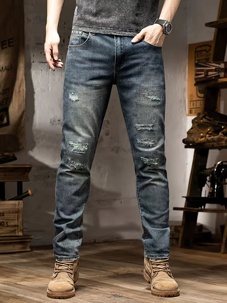 Men'S Jeans Stretch Trousers Style Cycling Men'S Pants Street Style Blue Distressed Denim Long Pants All-Season Wear