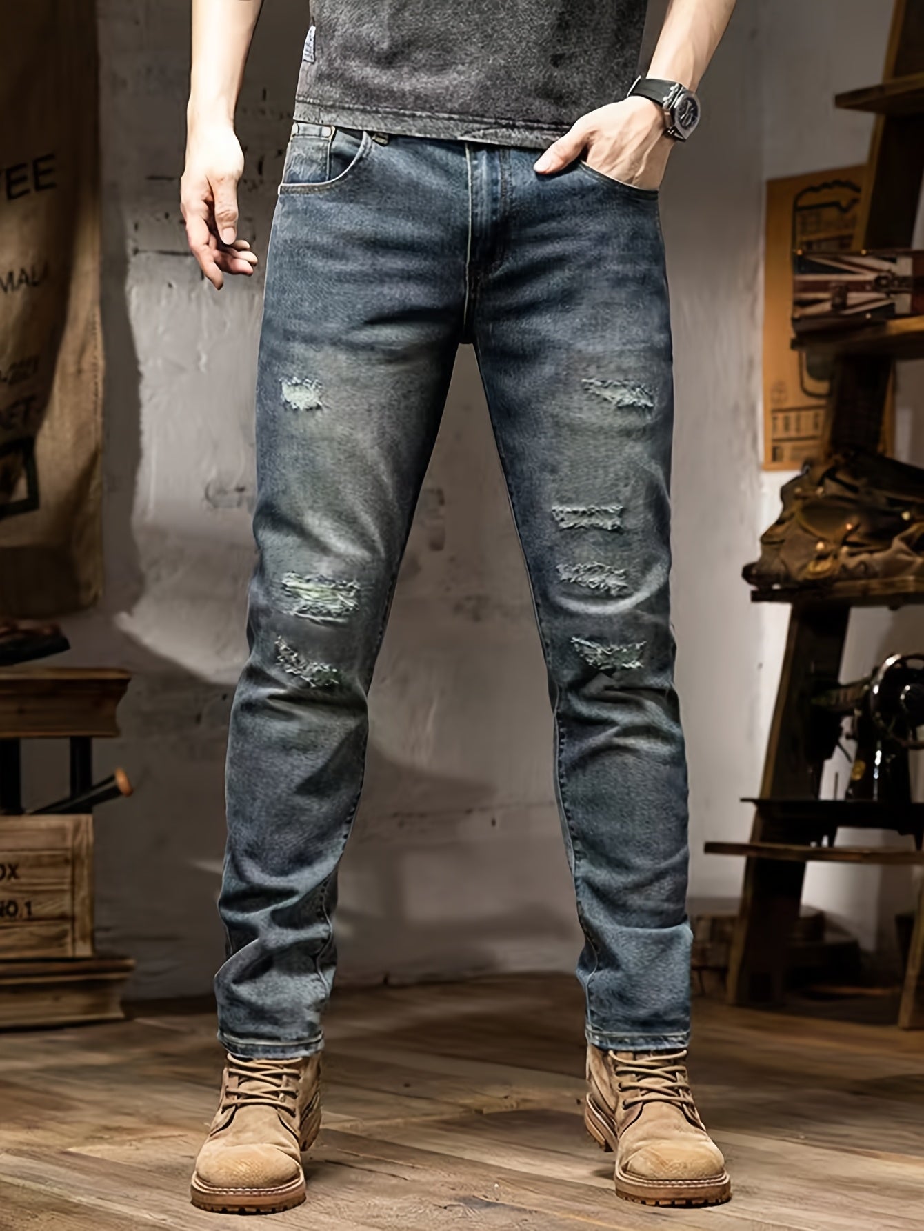 Men'S Jeans Stretch Trousers Style Cycling Men'S Pants Street Style Blue Distressed Denim Long Pants All-Season Wear
