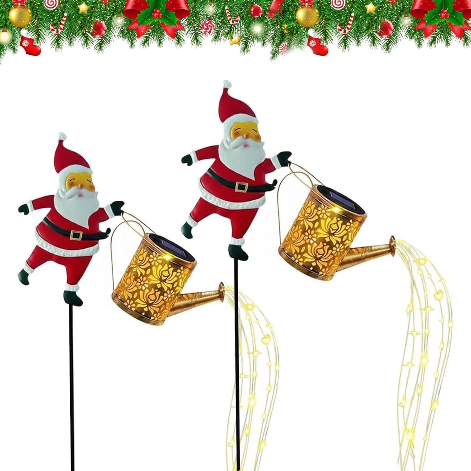 Christmas Santa Solar Kettle Lights, Garden Lawn Decorative Light, Solar Watering Can Garden Lawn Decor with Flowing LED Water, for Outdoor Patio Path Walkway Decoration, Unique Xmas Gifts (A*2)