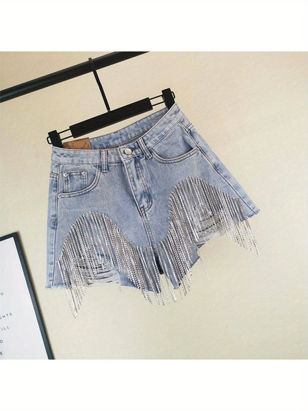 Fashionable Ladies' Shorts, Featuring Worn-out Fringed Chains and Charming Designs.