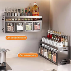 Double Layer Aluminum Spice Rack Condiment Rack, Wall-Mounted No-Drill Kitchen Organizer with 4-Drawer Spice Jars, Condiment Holder Set, Grey