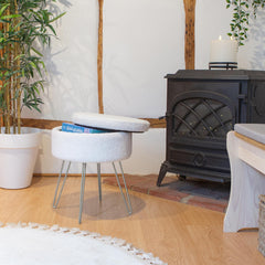 Round Boucle Storage Footstool - Cream H46 x D37cm Living Room Dressing Table Footstool Ottoman Pouffe Chair Seat