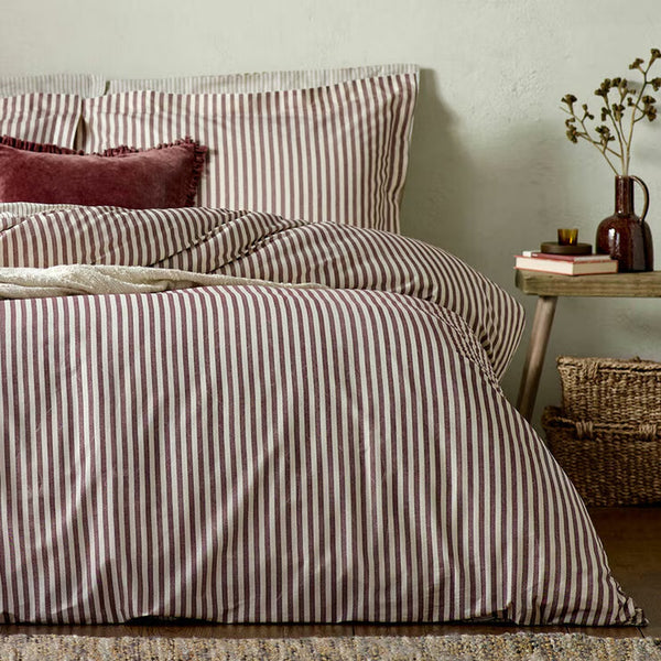 Yard Hebden 100% Cotton Burgundy Stripe Duvet Cover Set in 4 Sizes
