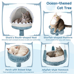 115cm Cat Tree, Tall Ocean-themed Cat Tree, Multi-Level Cat Climbing Tree, Plush Cat Tower with 3 Sisal Scratching Posts, Round Entrance, 3 Perches, Hammock, Cat Tower for Small- to Medium-sized Cats Blue / White