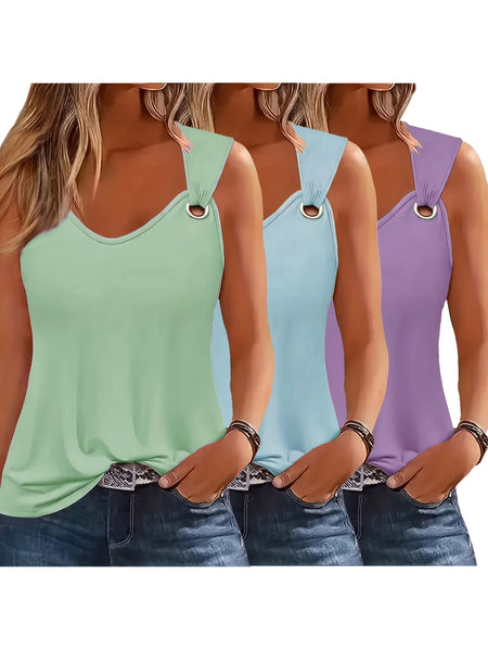 Three-Pack Women's Tank Tops Summer Sleeveless Loose Fit Eyelet Neck Solid Color Basic Shirts