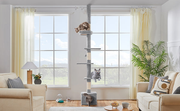 Costoffs Cat Tree, Floor-to-Ceiling Cat Tree Tower, 226-266cm Adjustable Large Height Cat Tree, Tall Cat Tree with 4 Perches and Scratching Posts For Small Medium-Sized Cats