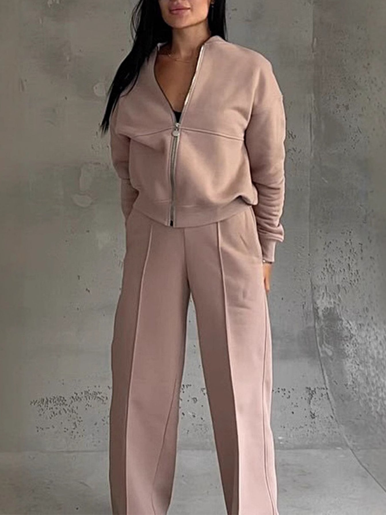Women's Solid 2pcs Track Suit | 2025 Autumn Zipper Jacket + Wide-Leg Pants, Minimalist Solid Color Casual Matching Outfit for Daily/Street Wear