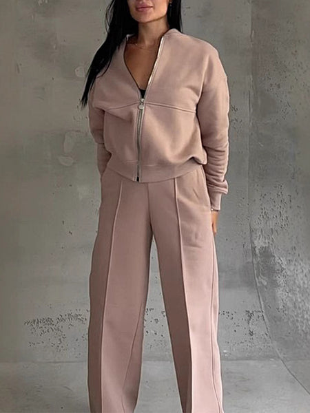 Women's Solid 2pcs Track Suit | 2025 Autumn Zipper Jacket + Wide-Leg Pants, Minimalist Solid Color Casual Matching Outfit for Daily/Street Wear
