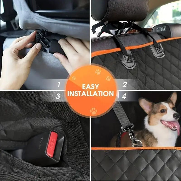 Quilted Waterproof Dog Car Seat Cover with Safety Harness - Scratch And Wear Resistant Fit for Cars Trucks SUVs - Black And Orange Polyester Pet Hammock for Travel