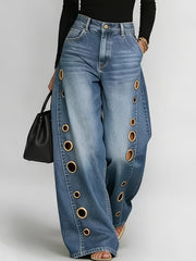 New Retro Style Denim Jeans for Women, with Metal Eyelets Designed for Casual And Loose Fit, High Waisted And Wide Leg Jeans, Street Cool Women'S Clothing, Black Retro Blue Light Blue Women'S Straight Leg Denim Pants