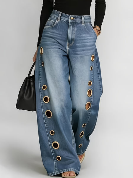 New Retro Style Denim Jeans for Women, with Metal Eyelets Designed for Casual And Loose Fit, High Waisted And Wide Leg Jeans, Street Cool Women'S Clothing, Black Retro Blue Light Blue Women'S Straight Leg Denim Pants