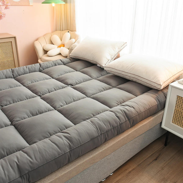 Extra Thick Grey Mattress Topper 4-Inch / 10cm Hotel Quality Deep Fitted Mattress Pad with Corner Elasticated Straps Quilted Box Stitch Breathable All-Season Comfort Single Double Small Double King Super King
