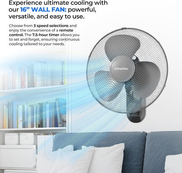 Schallen 16 Inch Wall Mounted Fan with Remote Control, Oscillating Cooling Fan 40cm, 3 Speed Settings, Timer Function, Quiet Wall Fan for Bedroom, Office, Kitchen, Garage, Home Cooling Fan UK, Adjustable Tilt Air Circulator, Energy Efficient Wall Fan Whit