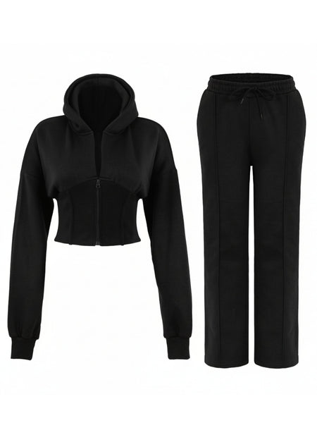 Women Corset Fit Hoodie and Trouser 2Pc Zip Tracksuit Set 2Pc Set with Zip Front, Long Sleeves and Straight Leg Pants, Perfect for All Seasons, Top Set