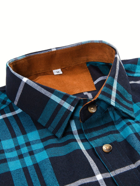 New  Brushed Plaid Flannel Men's Long Sleeve Shirt, Two-Tone Design, Thickened Autumn Casual Shirt for Men's Daily Vacation Streetwear, Comfortable Fit