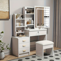 Dressing Table with LED Lights And Adjustable Brightness, Vanity Desk with Mirror, 4 Drawers, 6 Hidden Shelves, And Stool, Makeup Desk for Bedroom, Modern Makeup Table with Mirror And Chair (White)