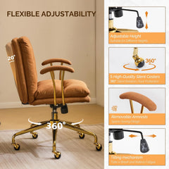 Office Chair Desk Chair with Wheels & Removable Armrests Gold Base Vanity Chair with Back Adjustable Rolling Swivel Computer Task Chair PU Leather