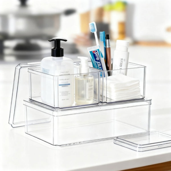 3-Piece Set of Transparent Stackable Storage Containers with Lids, Cosmetics and Jewelry Storage Box, Multi-functional Home Storage Box for Bathrooms, Bedrooms, Living Rooms and Kitchens and Picnic Use