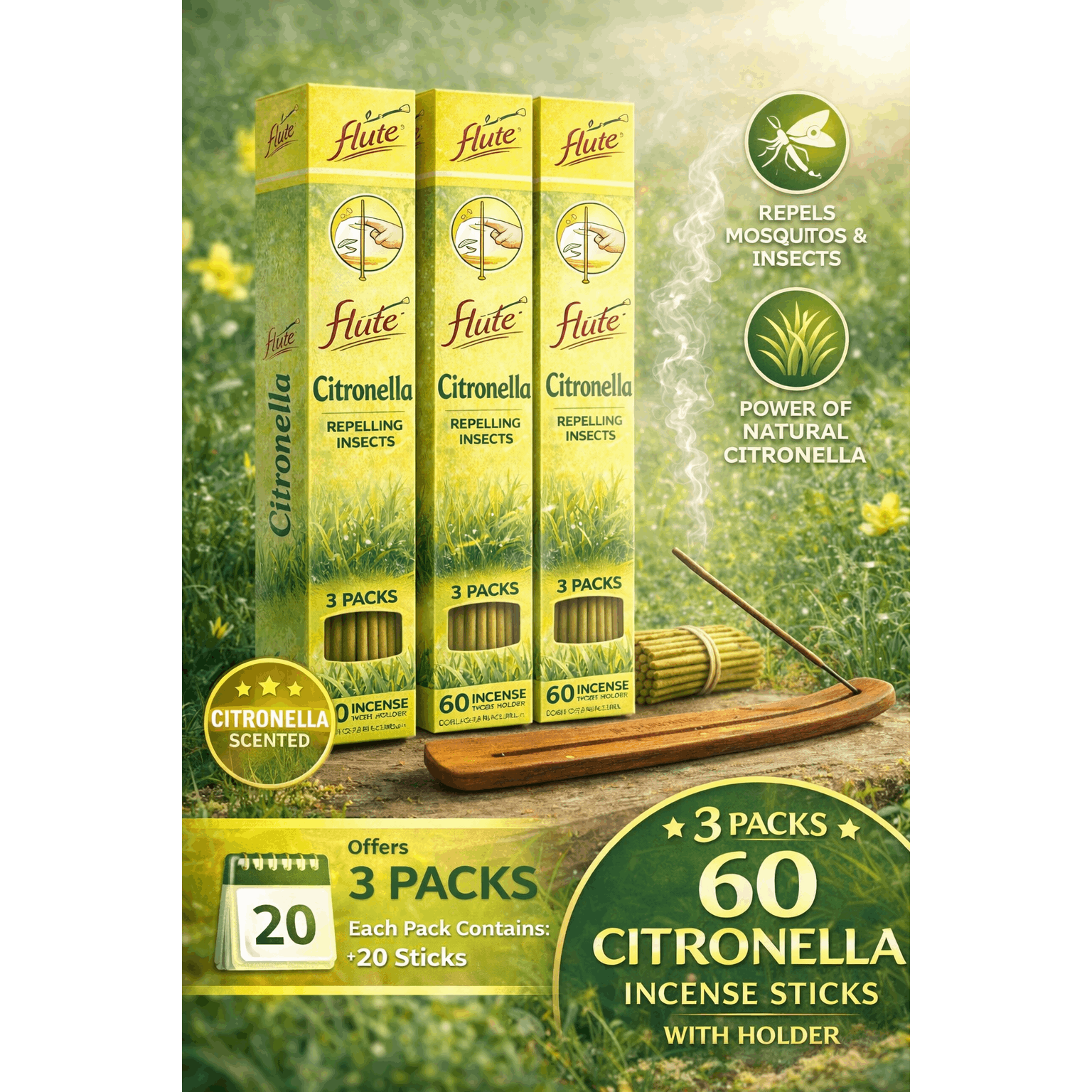 Pack Of 60 Citronella Incense Sticks, Lemongrass Insense Sticks, Suitable For Indoors Outdoors, With Insense Holder
