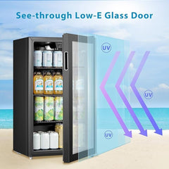 Midea COMFEE' Under Counter Drinks Fridge - 93L Capacity, Holds Up To 115 Cans, Precision Cooling (2℃ To 15℃), Full-Length Low-E Glass Door, Removable Shelves, LED Light, Low Noise [Energy Class E] - Essential for Home Kitchens & Dorms