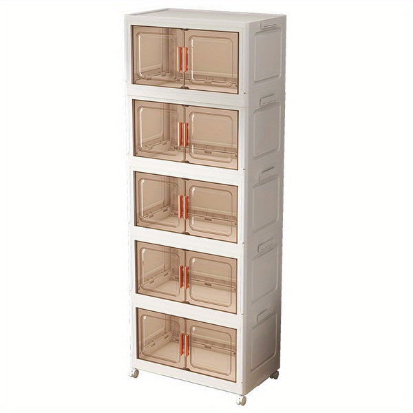 5-Tier Collapsible Plastic Storage Bins with Magnetic Doors & Wheels - Stackable High Quality Organizer, Transparent Tawny, Large Capacity (55.12x33.02x153.92cm) for Bedroom, Living Room, Kitchen, Entryway - Easy Tool-Free Assembly, Modern Aesthetic, Smoo