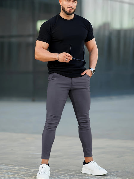 Heyfanee Men's Slim-Fit Elastic Waist Trousers - Khaki Low-Rise Casual Pants with Button Closure & Pockets, All-Season Machine Washable for Daily Wear, Durable Fabric